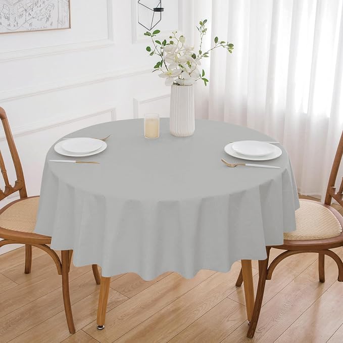 NLMUVW 48 Inch Round Vinyl Tablecloth with Flannel Backing, Small PVC Table Cloth Waterproof Wipe Clean Table Cover for Dining Party Camping Outdoor, Light Grey