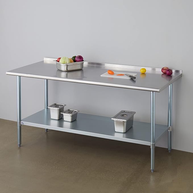 ROCKPOINT Stainless Steel Table for Prep & Work with Backsplash 30x72 Inches, NSF Metal Commercial Kitchen Heavy Duty Table with Adjustable Under Shelf and Table Foot for Restaurant, Home and Hotel