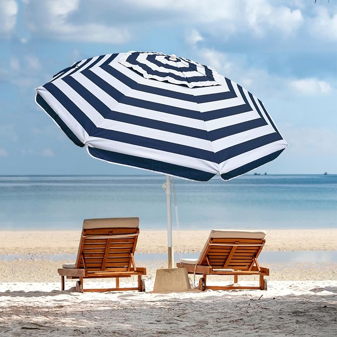 AMMSUN 6.5ft Portable Patio Beach Umbrella for Sand with Tilt, Air Vent | UPF50+ Sun Protection, Windproof Outdoor Umbrellas with Carry Bag, for Patio Beach Garden Pool Backyard, Navy Stripes