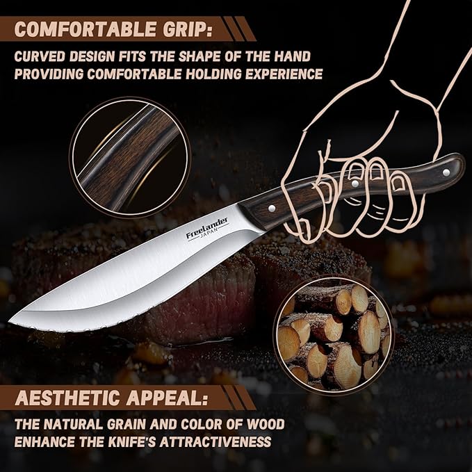 Freelander Handmade Forged Steak Knives Set of 6, Serrated Cutters for Meat Cutting, Stainless Steel Steak Knife Set Blades with Wooden Handles, Elegant & Aesthetic Design