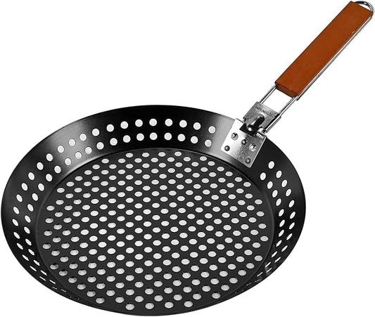12" Non-Stick Grilling Skillet with Removable Handle - Large Grill Pan & Deep Fryer Strainer Basket for Seafood & Vegetables - Indoor & Outdoor BBQ Grill & Restaurant Use by Mr. Bar-B-Q 06750X