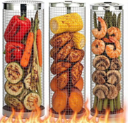 3 Pcs Rolling Grill Baskets for Outdoor Grill Accessories, BBQ Grilling Basket for Vegetables Shrimp Kebob, Outdoor Cooking Camping, Birthday Gifts for Men Dad Husband