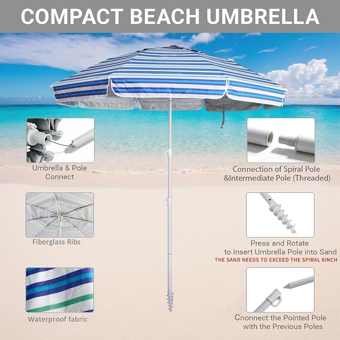 LOTTAFUN 6ft Beach Umbrella - Heavy Duty Wind Resistant UV 50+ Portable Sun Shade with Sand Anchor & Carry Bag, Outdoor Folding Umbrella for Beach, Pool, Patio, Garden (Blue diagonal strip) No Tilt The sand needs to exceed the spiral 6inch