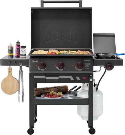 Feasto 28-Inch 3 Burner Propane Flat Top Grill with Hood and Side Burner | 550 Sq. In. Outdoor Griddle with Protective Hood, 37,500 BTU Main Burners, 13,000 BTU Lidded Side Burner, Folding Side Table