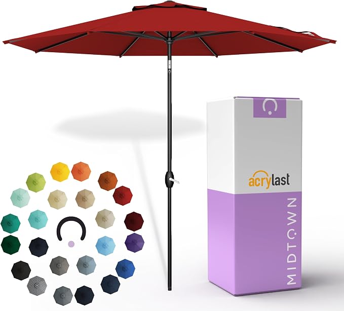 Midtown Umbrellas – The Lean 10 Ft Patio Umbrella with 10-Year-No-Fade Acrylast Acrylic Fabric, Auto-Tilt and 8 Reinforced Ribs for Deck, Pool, Garden, Hotel & Cafes – Regatta Red Canopy, Black Pole