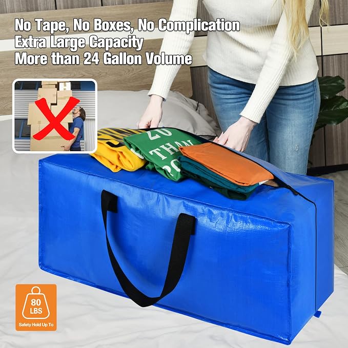 Heavy Duty Blue Moving Bags with Strong Zipper Handles Backpack Straps | 10 Pack Extra Large Storage Bags Totes Moving Boxes Packing Supplies for College Dorm Room Essentials Compatible with IKEA