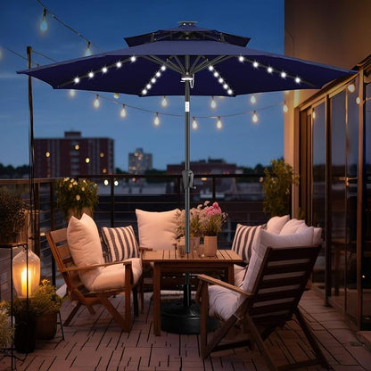 FLAME&SHADE 2 Tiers 9ft Solar Light Patio Umbrella, 40 LED lights outdoor umbrella with Centre Surround Light, Table Market Umbrella for Deck, Pool, Porch, Backyard, Garden (Navy Blue)