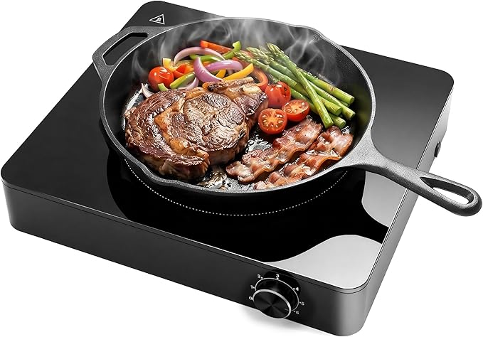 Portable Single Burner Electric Cooktop, 1200W 110-120V Countertop Hot Plate with Knob Control & 6 Power Levels, Black Crystal Glass Surface, Compatible with All Cookware, for Home Camping