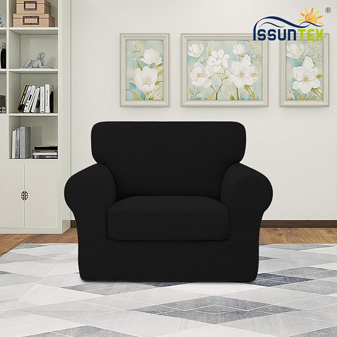 ISSUNTEX 2 Pieces High Stretch Thicken Chair Couch Covers, Soft Sofa Slipcover for 1 Separate Cushion Couch, Jacquard Fabric Elastic Sofa Cover Furniture Protector for Dogs (Chair, Black)