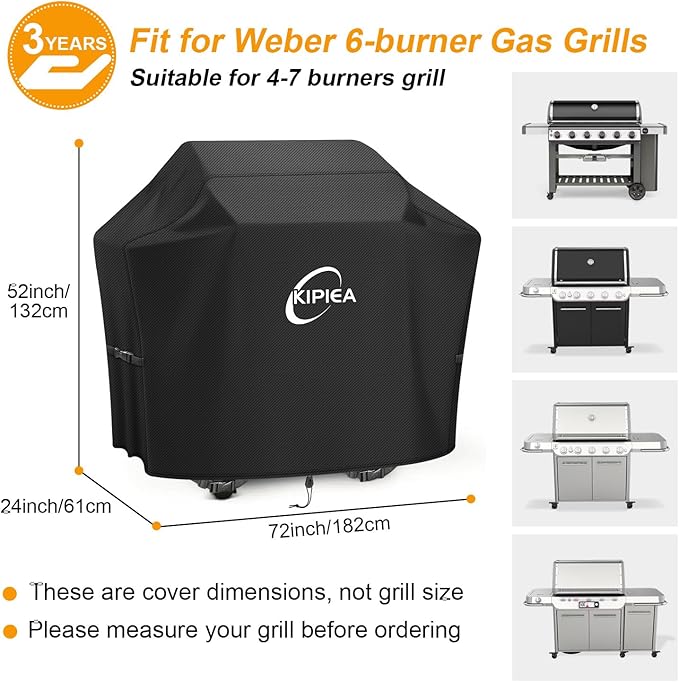 Kipiea 600D Heavy Duty Gas Grill Cover for Weber Genesis II 600 Series & Summit FS38 / FS38X Grills, 72-Inch Waterproof BBQ Cover with Windproof Buckles, UV Resistant, No Tear, No Fading