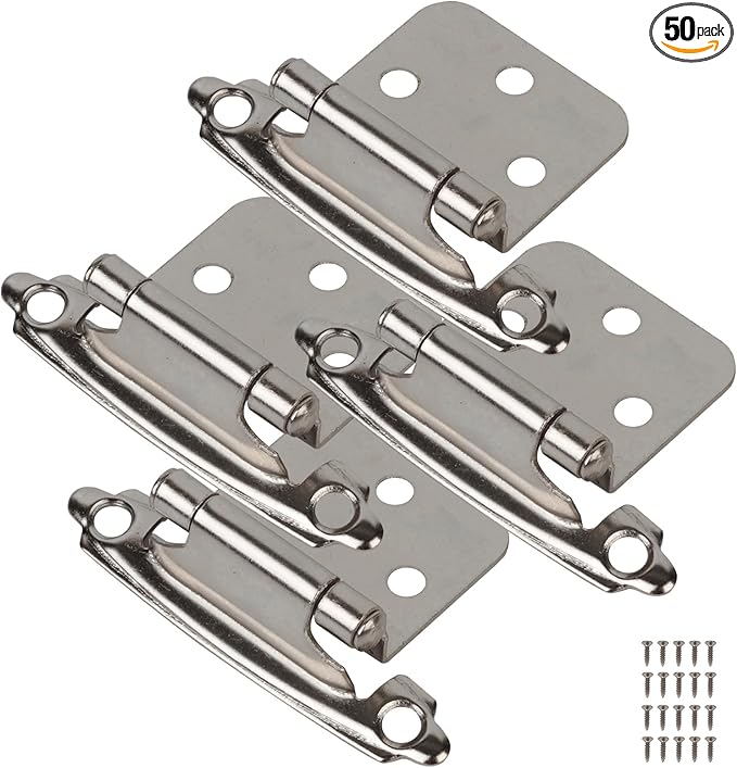 50-Pack Cabinet Hinges, 1/2 Inch Overlay, Satin Nickel Semi-Concealed, Self-Closing, Face Mount