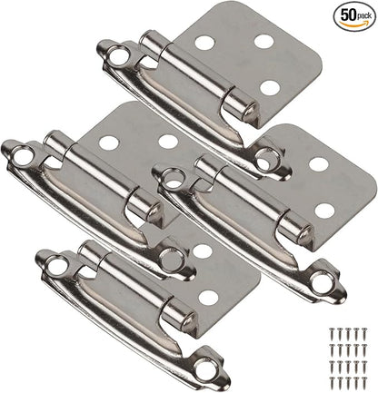 50-Pack Cabinet Hinges, 1/2 Inch Overlay, Satin Nickel Semi-Concealed, Self-Closing, Face Mount