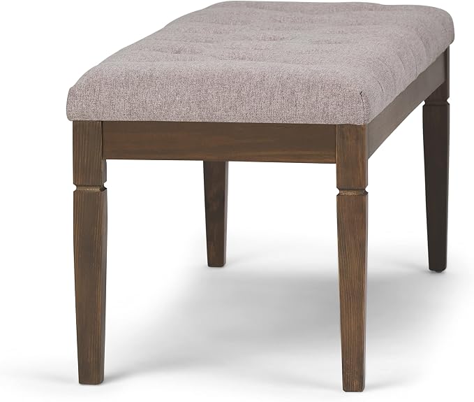 SIMPLIHOME Carmel 32" Wide Solid Acacia Wood Outdoor Chair in Sand Drift | Traditional tufted ottoman bench with carved legs; perfect footstool, footrest or bench for bedroom or entryway.