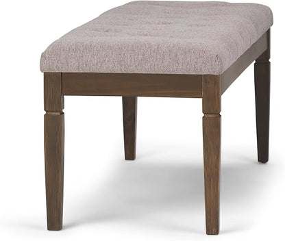 SIMPLIHOME Carmel 32" Wide Solid Acacia Wood Outdoor Chair in Sand Drift | Traditional tufted ottoman bench with carved legs; perfect footstool, footrest or bench for bedroom or entryway.