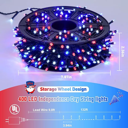JMEXSUSS 400 LED Red White and Blue Lights Plug in | 4th of July Decorations Patriotic Lights Outdoor for American Holiday Tree Party Independence Memorial Day Decor