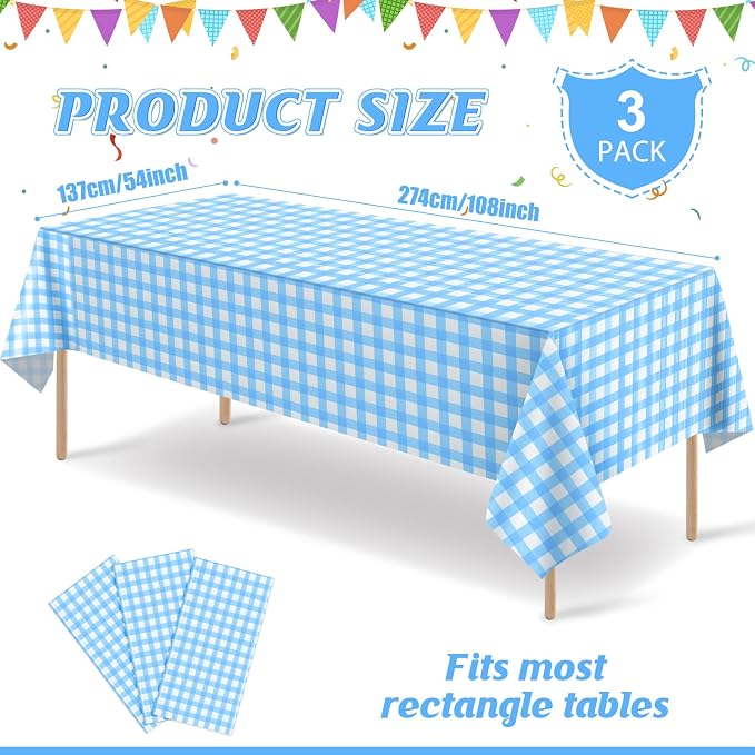 3Pcs Light Blue Gingham Tablecloths, Checkered Party Table Covers 54x108 In | Blue and White Checkered Tablecloths Disposable Waterproof for Baby & Bridal Shower Picnic Camping Birthday Outdoor Tea Party