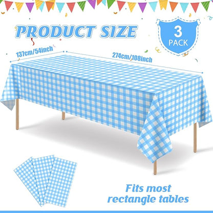 3Pcs Light Blue Gingham Tablecloths, Checkered Party Table Covers 54x108 In | Blue and White Checkered Tablecloths Disposable Waterproof for Baby & Bridal Shower Picnic Camping Birthday Outdoor Tea Party