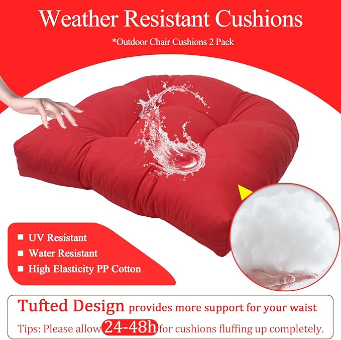 MTMR 2Pcs Outdoor Chair Cushions, Patio Furniture Seat Pads, Waterproof | 2Pcs , waterproof cover, PP cotton, u-shaped, no-fading, thick patio seat pads for outdoor wicker furniture in yard, 19x19x4
