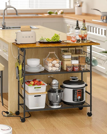 Kitchen Island with Power Outlet, Rolling Kitchen Cart with 6 Hooks and Protective Shelf, Microwave Stand on Lockable Wheels, Bakers Rack Coffee Bar for Dining, Living Room, Outdoor, Metal Frame