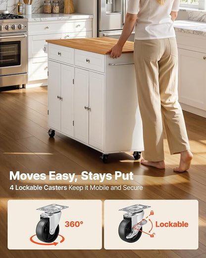 VEVOR Kitchen Island Cart with Storage, 47.64 in Wide Mobile Rolling Storage Island on Swivel Wheels, with 2 Drawers, Storage Cabinet, Drop Leaf, Towel Rack, Table for Home Dining Room, White