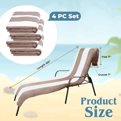 Superior Cabana Cotton Lounge Chair Cover, Outdoor Towel/Chaise Furniture Covers, Terry Cloth, Beach, Spa, Swim Accessories, Pool Chair Cover, Soft, Quick Drying, 32" x 102", Set of 4, Taupe