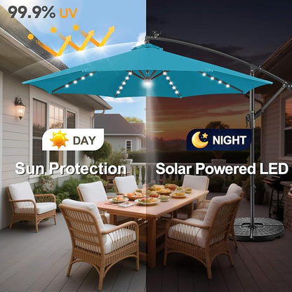 10 ft Solar Patio Umbrella Cantilever with Centre Light, Aqua Blue | 40 LED Lights, UV Protection, Large Offset Patio Umbrella Outdoor for Garden, Deck, Backyard, Pool, Porch, Provides Shade