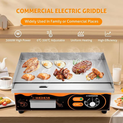 WICHEMI Electric Grill Commercial Griddle Flat Top Grill Teppanyaki Grill | 22" Stainless Steel Electric Griddle, 110V 3000W High Power, Large Cooking Surface, Non-Stick, Collect Grease For Cleanup