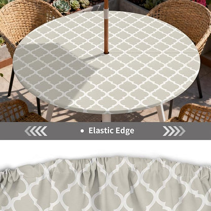 Outdoor Tablecloth with Umbrella Hole and Zipper Fits 32-36" Tables | Waterproof Round Fitted Tablecloth with Elastic Edge, Wipeable Outdoor Table Cover for Patio, Garden, Picnic