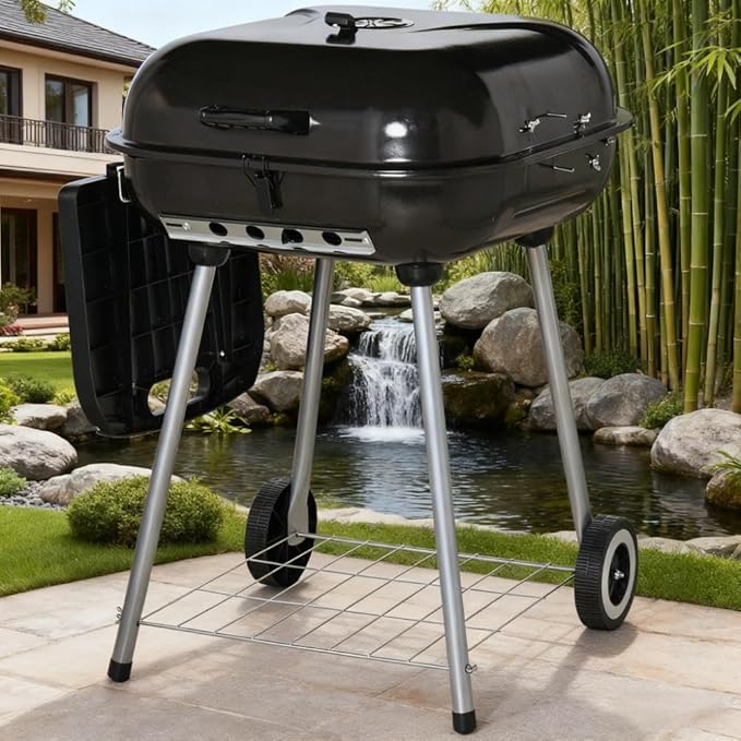Portable Charcoal Grill with Wheels, Outdoor BBQ Grill & Smoker Combo, Large Camping Charcoal Grills for Backyard, Asador de Carbon con Ruedas, Parrilla de Carbon Portatil,A5