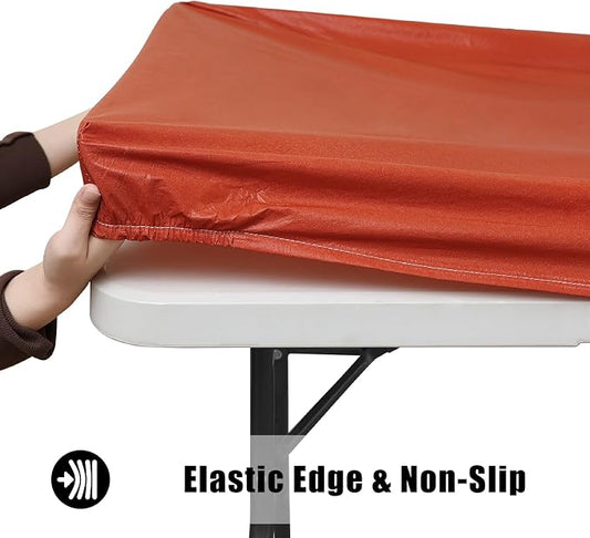 Smiry Rectangle Tablecloth, Elastic Fitted Flannel Backed Vinyl Tablecloths for 6ft Folding Tables, Waterproof Wipeable Table Covers for Indoor, Outdoor, Picnic and Camping (Rust, 30"x72")