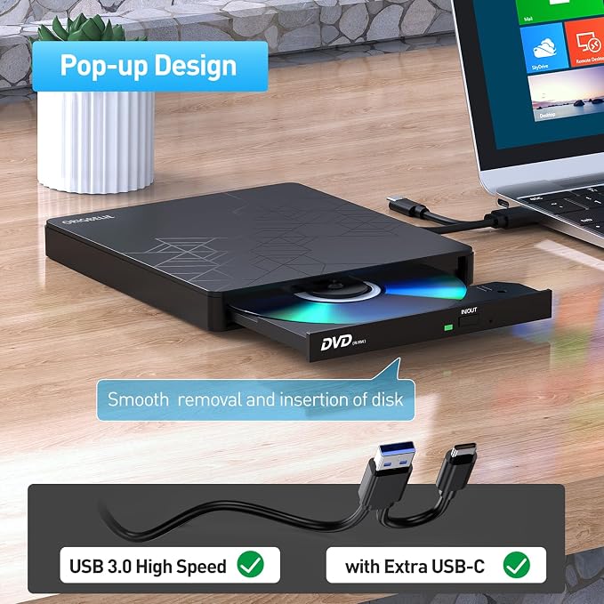 ORIGBELIE External CD DVD Drive, CD/DVD ROM +/-RW Adapter with USB Ports | USB 3.0 Type C Optical Disk Drive CD DVD Player Burner Reader Writer for Laptop PC Desktop Computer Macbook OS Windows Linux