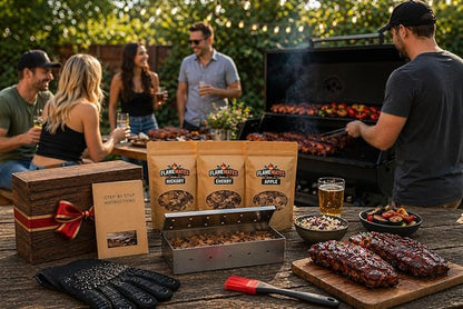 Deluxe BBQ Smoker Kit with Grilling Accessories | Includes Smoker Box, Basting Brush, Meat Thermometer, Heat-Resistant Glove, Instruction Manual, & 3 oz Hickory, Cherry & Apple Wood Chips