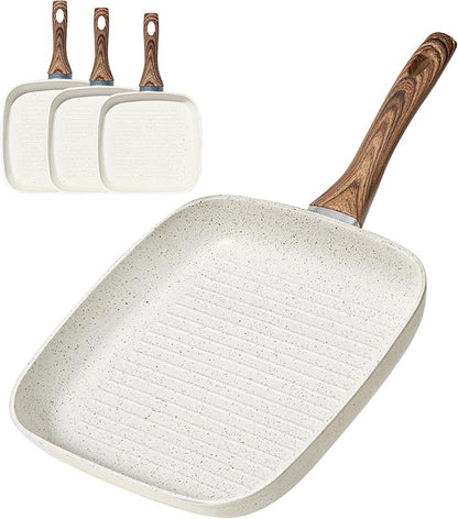 NEWBULIG 3-Piece Nonstick Grill Pan Set, Square Griddle Pans with Wooden Handles, Induction Cooktop Compatible, Nonstick Cookware for Steak, BBQ, Vegetables, Cream White, 9.5, 10.2, 11 Inch