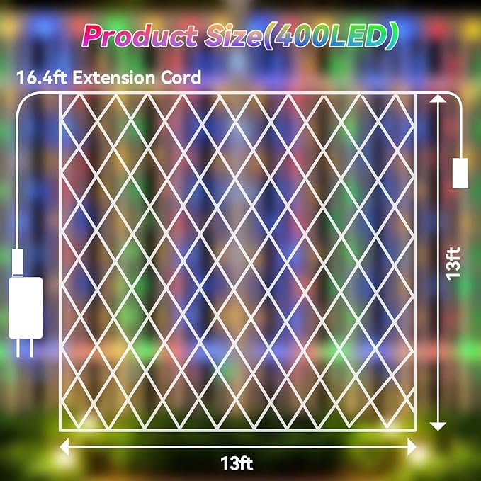 LitHome 13 x 13FT Christmas Net Lights Outdoor Mesh Lights Connectable | 8 Modes 400 LED Christmas Net Lights with Timer, Waterproof Multicolor Mesh Light Plug in for Bushes Garden Backyard Decor