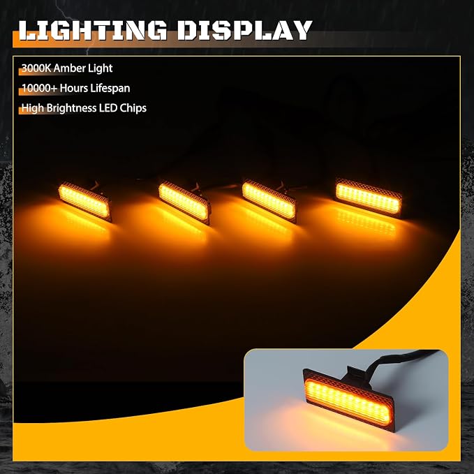 Grill Lights for Jeep Wrangler JL - FICOLPO 4PCS LED Front Grill Lights for Jeep Wrangler JL JLU 2024 2025 2026 Rubicon Sahara Front Bumper Grille Lights with Fuse Adapter & Harness (Amber Light)
