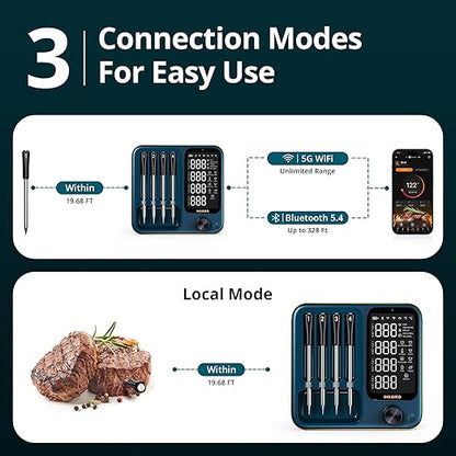 Wireless Meat Thermometer with WiFi 5G & Bluetooth 5.4, Smart Meat Thermometer for BBQ、Oven, Food Thermometer Digital with 4 Probes & 5 Sensors, NIST Accuracy, Apple Watch Alerts, 25H Use, Waterproof