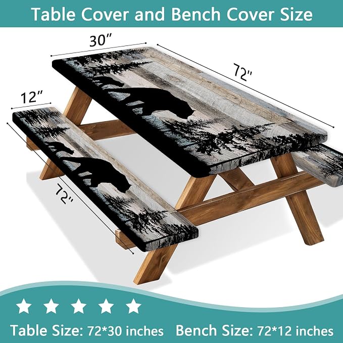 Picnic Table Cover with Bench Covers, Camping Essentials, Forest Bear Waterproof Windproof Patio Table Cover, Fitted Tablecloth Cover with Elastic Edge, for Indoor & Outdoor 3 PCS 30x72 Inch
