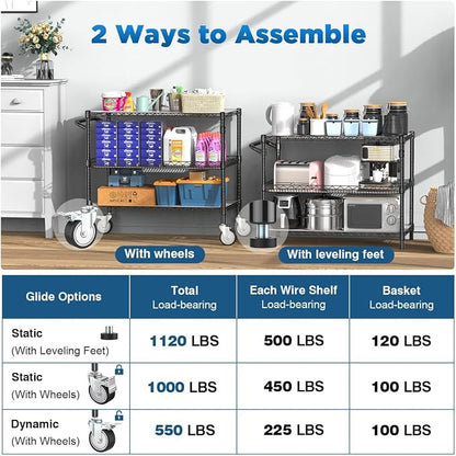 Leteuke Heavy Duty Rolling Utility Cart, 45 Inch Kitchen Carts with Wheels, NSF Commercial Grade with Handle & Shelf Liners, 1120LBS Storage Cart for Kitchen,Restaurant,Plant Display-Black | 3 Tier Heavy Duty Serving Cart with Handle & Shelf Liners, NS...