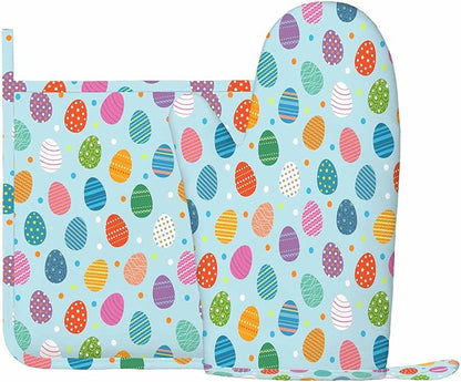 Mxocom Easter Eggs Oven Mitt and Pot Holder with Silicone Easter Colored Eggs on Blue Background Heat Resistant Kitchen for Cooking BBQ Baking Grilling Spring/Summer