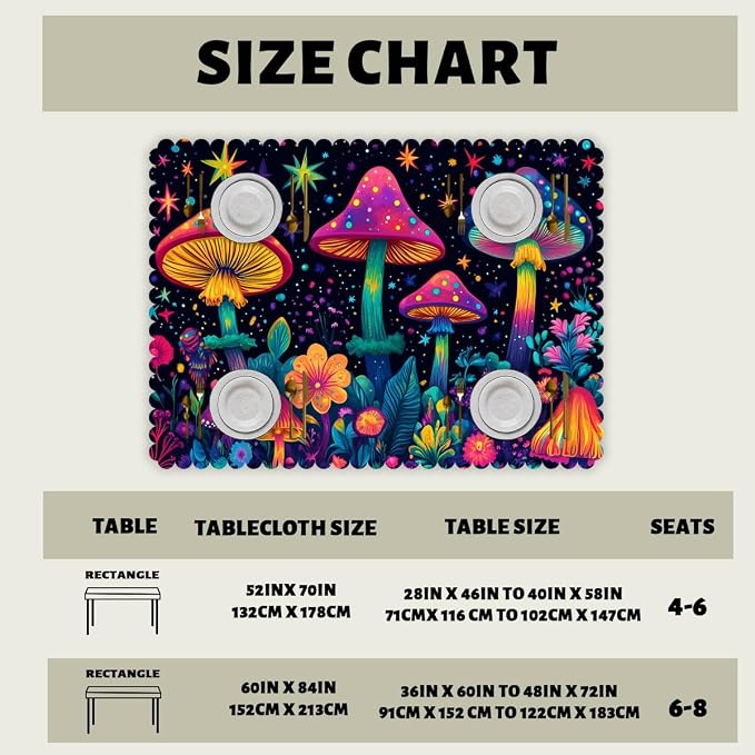 Mushrooms Decorative Rectangle Table Cloth Magic Psychedelic 60S Hippie Vintage Rectangle Table Cover Anti-Oil Tablecloth for Dining Tables, Parties, Wedding and Banquet Decoration 52" x 70"