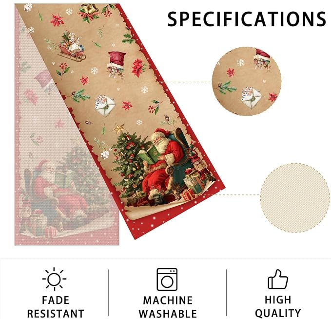 Christmas Tree Santa Claus Table Runner,Dining Decor for Kitchen Coffee Table Family Dinners Holiday Parties Wedding Events Decor(13x72 inch)