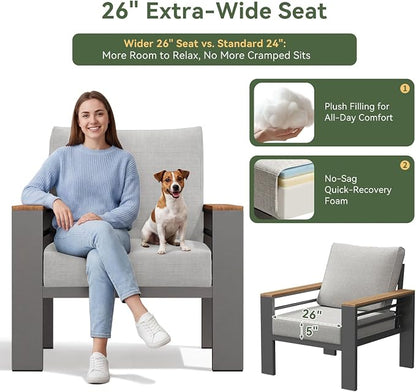 Aoxun Aluminum Outdoor Patio Furniture Set, 5 Seats Outdoor Sectional with Coffee Table, Patio Conversation Sets with Upgraded Armrests and Cushions for Backyard, Garden and Poolside（Grey）