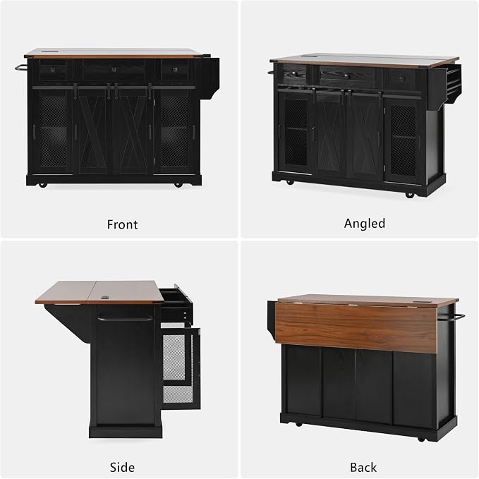 Bellemave 58" Farmhouse Kitchen Island cart with Charging Station and with Storage, Sliding Barn Door & Metal Grid Side Door, Rolling Kitchen Island Table with 5 Wheels with Spice Rack, Black