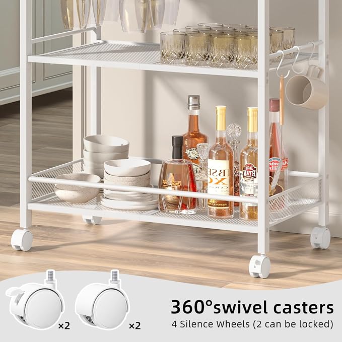 Joaxswe Bar Cart,3-Tier Home Bar Serving Cart with Lockable Wheels,White | Microwave Cart,Mobile Kitchen Shelf,Rolling Beverage Cart with Wine Rack and Glass Holder for Kitchen,Dinning Room