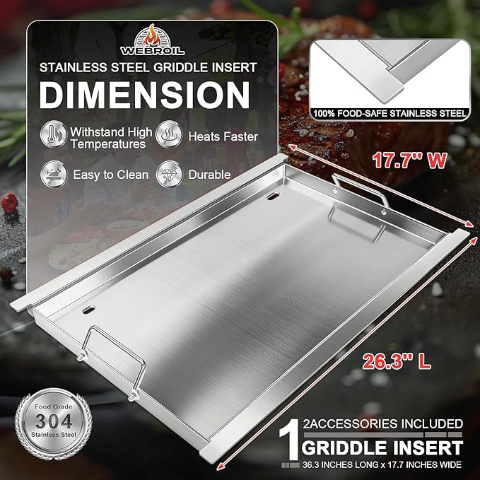 Full Size Griddle Insert for Napoleon Prestige PRO 500, Built-in Prestige 500, P500RBPSS, BIP500RBNSS-3, P500RSIBNK-3, P500, P500N Grills Accessories, Stainless Steel Griddle Plate, 26.3''L X 17.7''W