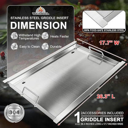 Full Size Griddle Insert for Napoleon Prestige PRO 500, Built-in Prestige 500, P500RBPSS, BIP500RBNSS-3, P500RSIBNK-3, P500, P500N Grills Accessories, Stainless Steel Griddle Plate, 26.3''L X 17.7''W