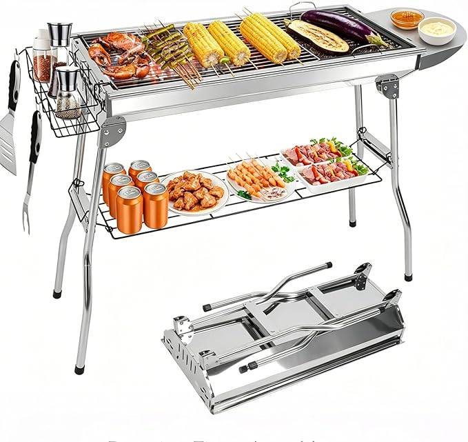 Charcoal Grills for Outdoor Cooking,Stainless Steel Folding Portable BBQ Grill Large Charcoal Grill for Garden Backyard Party Picnic Travel Outdoor Cooking Use With Non-Stick Frying Pan