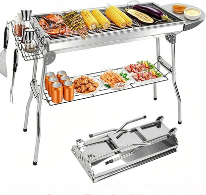 Charcoal Grills for Outdoor Cooking,Stainless Steel Folding Portable BBQ Grill Large Charcoal Grill for Garden Backyard Party Picnic Travel Outdoor Cooking Use With Non-Stick Frying Pan