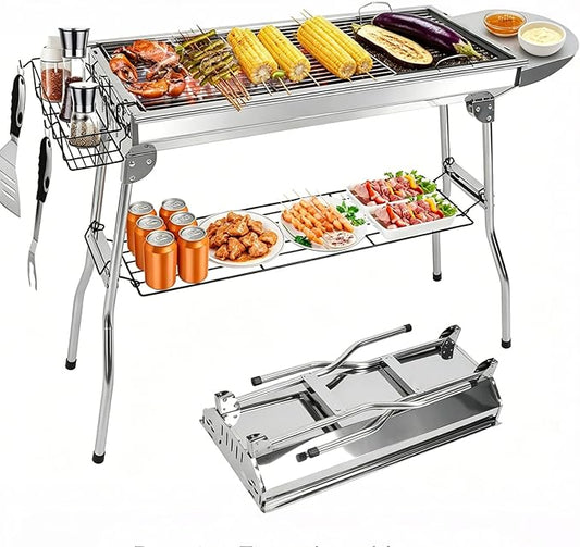 Charcoal Grills for Outdoor Cooking,Stainless Steel Folding Portable BBQ Grill Large Charcoal Grill for Garden Backyard Party Picnic Travel Outdoor Cooking Use With Non-Stick Frying Pan
