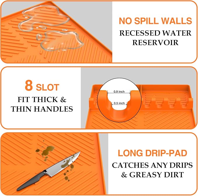 Silicone Griddle Tools Mat for Blackstone, Griddle Accessories Side Shelf Mat Grill Pad for Outdoor Grill Kitchen Counter Spatula Silicone Mat with Drip Pad (Orange (2Packs))